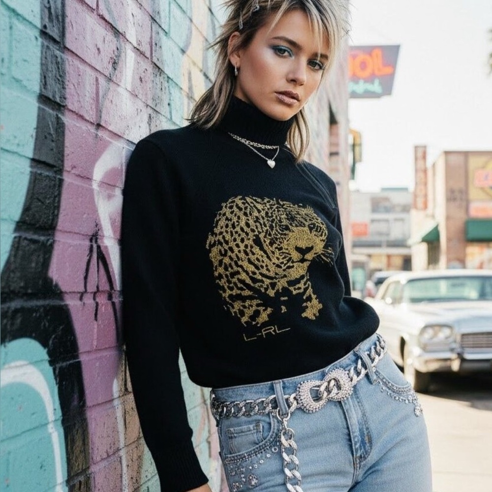 Lauren Ralph Lauren Black Turtleneck Sweater Gold Leopard Y2K Casual Glam Preppy